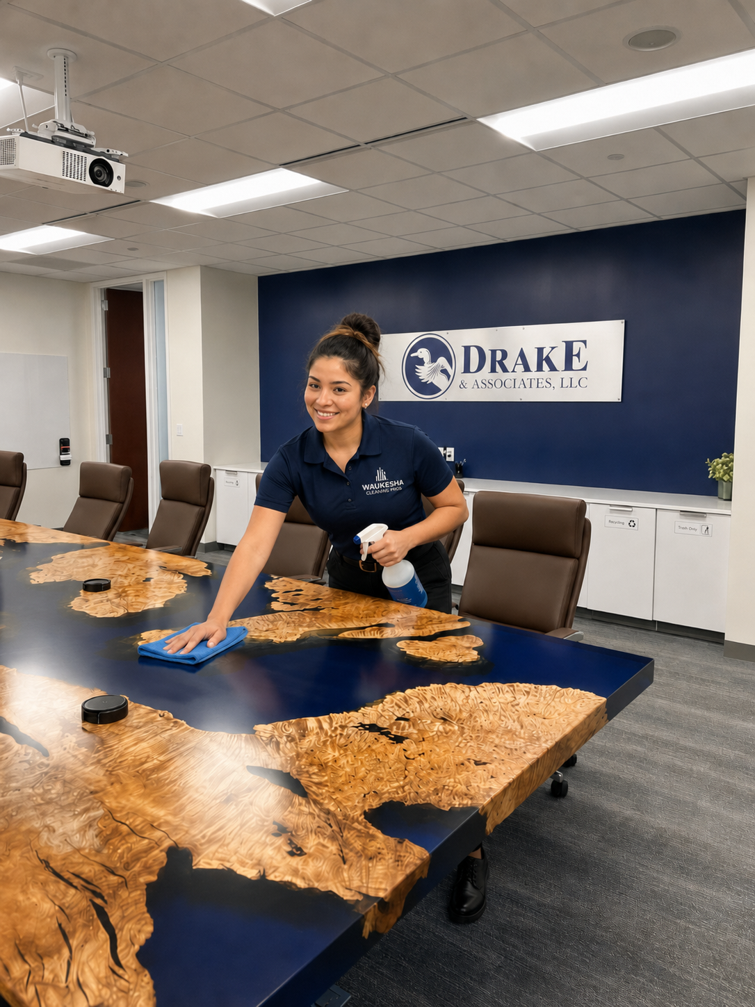 Waukesha Cleaning Pros cleaner wiping a conference table